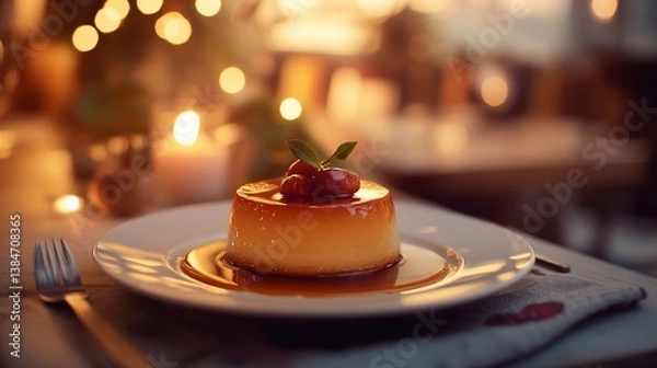 Fototapeta Elegant caramel flan dessert, romantic setting with bokeh lights ambiance