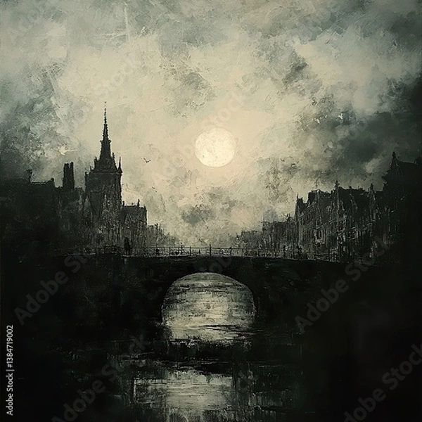 Obraz Moonlit Bridge: A Gothic Cityscape at Night