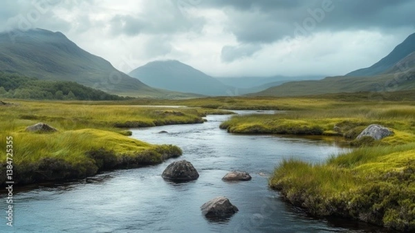 Obraz Highland stream flows, misty mountains