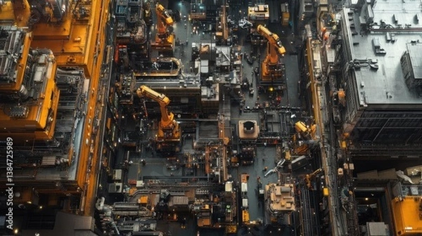 Fototapeta Aerial View of Industrial Facility with Robotic Arms and Complex Machinery in a High-Tech Manufacturing Environment