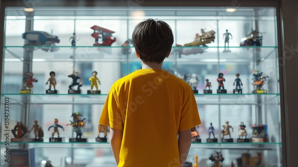 Fototapeta Adolescence and Hobby: young boy in a yellow T-shirt gazing at his favorite action figure model on the shelf at toy store. Plastic figure collection, entertainment, shopping time concept.