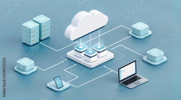 Obraz Cloud-Based Infrastructure for Data Transfer, Digital Workstations in a Connected Virtual Environment, Business Cloud Network Visualization