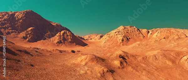 Fototapeta Mars desert landscape,  eroded mars planet surface, science fiction 3D background.