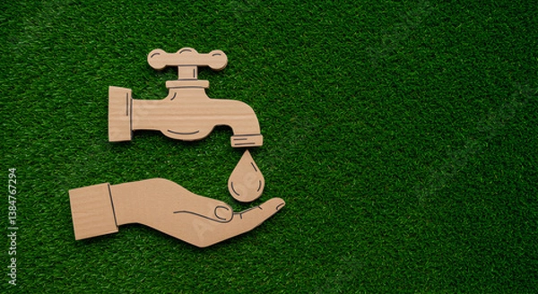Fototapeta Cardboard Tap with Water Drop on a Hand Placed on Green Grass Backdrop Symbolizing Water Conservation