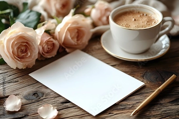 Fototapeta a mother’s day greeting card mockup displayed on a beautiful wooden table with a cup of coffee, fresh pink roses, and a golden pen beside it.