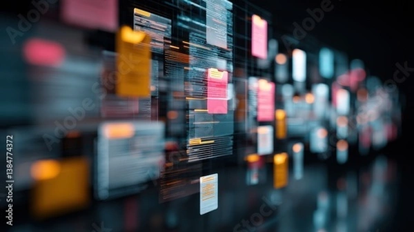 Obraz Abstract network grid with files and folders, futuristic software interface, digital document management system, store, search and organize documents, corporate business, paperless office	
