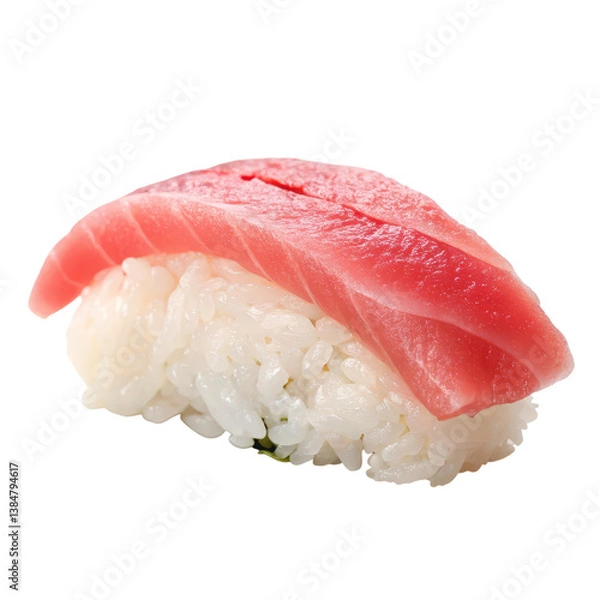 Fototapeta A slice of tuna atop a mound of sushi rice, showcasing vibrant colors and fresh textures, embodying the essence of Japanese cuisine.