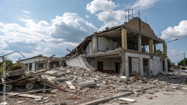 Fototapeta A partially collapsed building amidst rubble, with blue skies and clouds in the background, showcasing the aftermath of destruction.