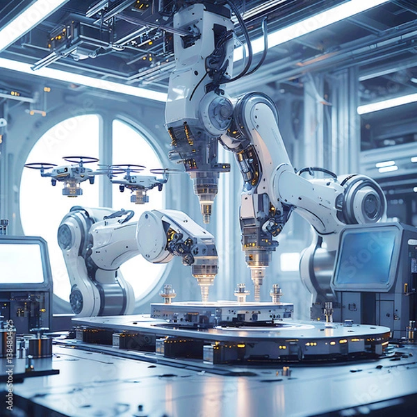 Fototapeta Advanced Robotic Arms and Drones in High-Tech Automated Manufacturing Facility