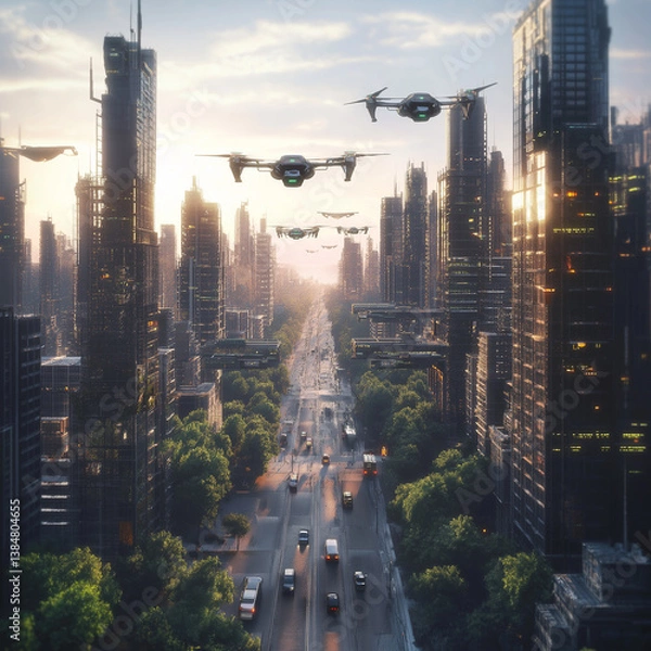 Fototapeta A smart city where drones deliver packages and autonomous vehicles glide along magnetic roads.