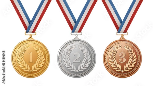 Fototapeta Triumphant Trio: Gleaming golden, silver, and bronze medals adorned with colorful ribbons, a symbol of victory, honor, and excellence for top achievers.