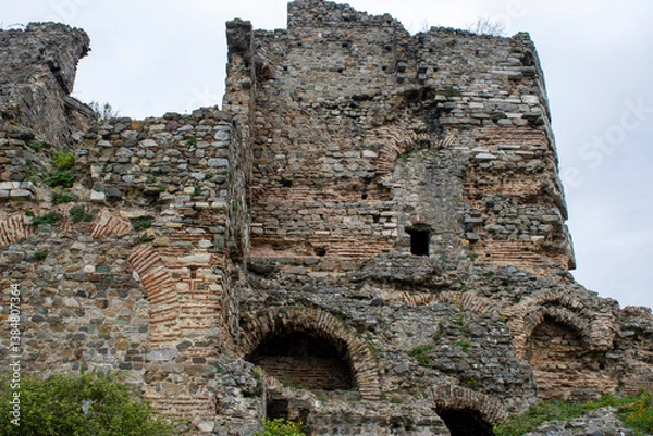 Obraz A stunning view of old stone walls from an ancient castle surrounded by nature. The historic ruins exhibit weathered textures, arched openings, and brick detailing against a serene, cloudy backdrop.