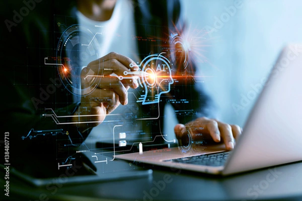 Obraz Programmer people working laptops or smartphones with AI, artificial intelligence software engineer coding on laptop computers with technology icons and binary code, big data, Ai bot digital machine