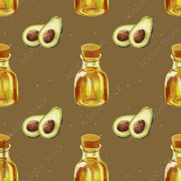 Obraz Watercolor avocado pattern. Seamless pattern with avocado and bottle of oil on a background of watercolor blots. Bottle of oil and half of avocado with stone. Design for food packaging.