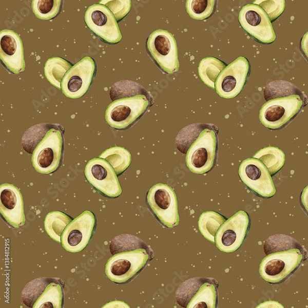 Obraz Watercolor avocado, background. Watercolor avocado pattern. Fruits, vegetables. Half of a brown ripe avocado with a stone. Design for food packaging, stationery and wallpaper.