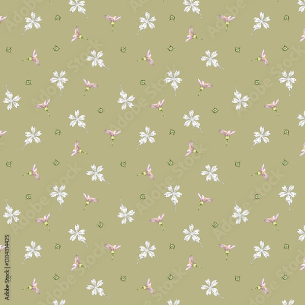 Obraz Floral pattern. Seamless pattern with wild wildflower pink flowers. Flower blossom. Illustration in sketch and color style. Doodle and line drawing. Summer design for textile, packaging, paper