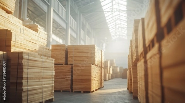 Obraz Sunlit Warehouse Stacked with Lumber and Wood.