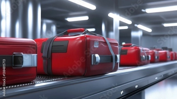 Obraz Red Suitcases on Airport Baggage Carousel.