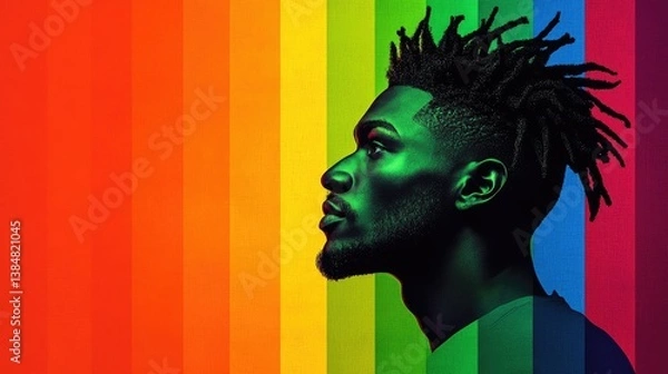 Fototapeta Man with vibrant dreadlocks against a rainbow backdrop