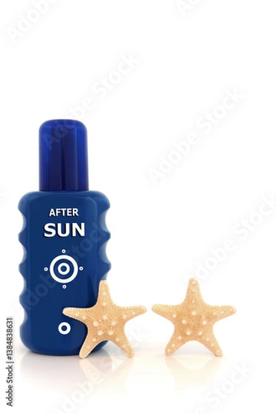 Fototapeta After sun bottle skincare protection and soothing moisturizing cream on white background with starfish. Essential for summer healthcare skin prevention damage. With text.