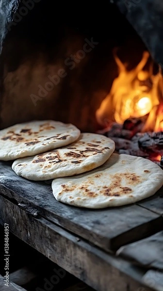 Fototapeta Freshly Baked Flatbreads on Rustic Wood With Firelight In Background