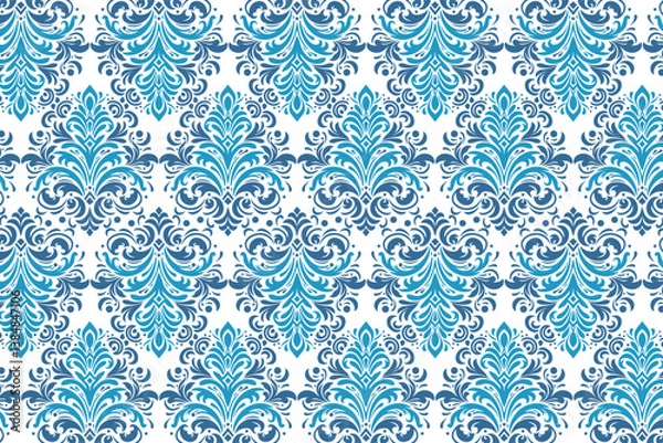 Fototapeta antique damask pattern in blue with elegant bohemian floral elements for decorative textile, background, and fabric use

