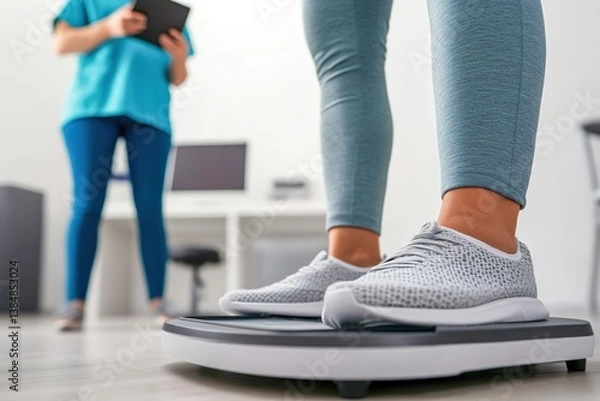 Obraz A person stands on a scale, taking a measurement while another individual observes with a tablet. The setting is a contemporary fitness studio promoting health