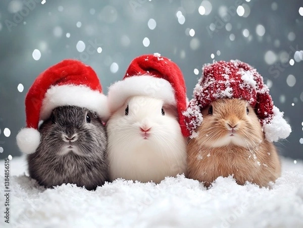 Fototapeta christmas bunnies in santa hats on snow with sparkling background