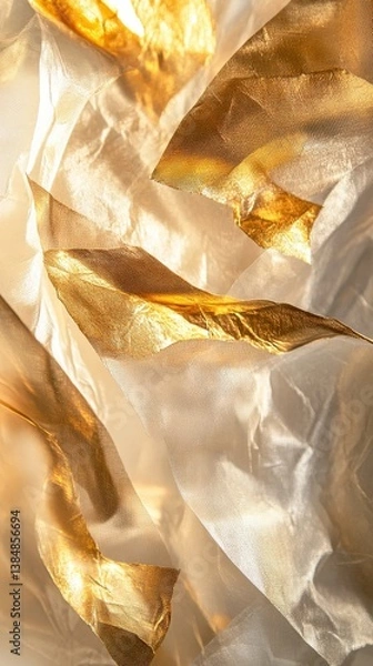 Fototapeta Delicate gold leaf sheets float gracefully, illuminated by soft light, creating an ethereal atmosphere filled with energy and warmth