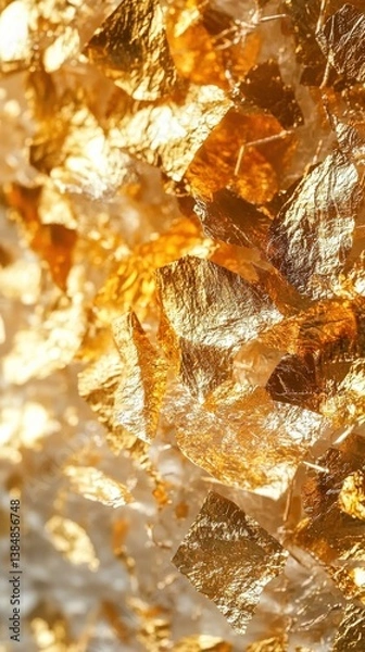 Fototapeta Gold leaf sheets shimmer with a unique elegance, reflecting light and exchanging energy in a captivating display of texture and color under soft illumination