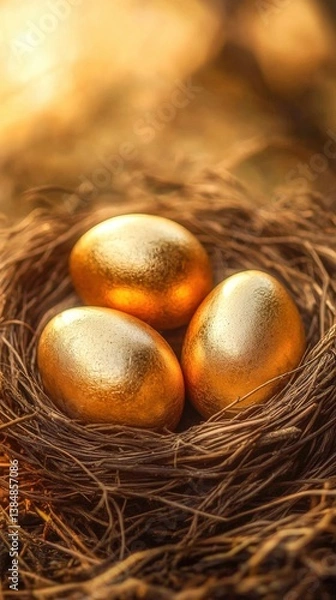 Obraz A nest cradling three shiny golden eggs sits peacefully, surrounded by soft natural light, creating a magical and enchanting atmosphere