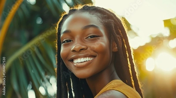 Obraz A joyful girl with long hair smiles brightly in an outdoor setting full of palm trees, capturing the warmth of the late afternoon sun and a carefree spirit