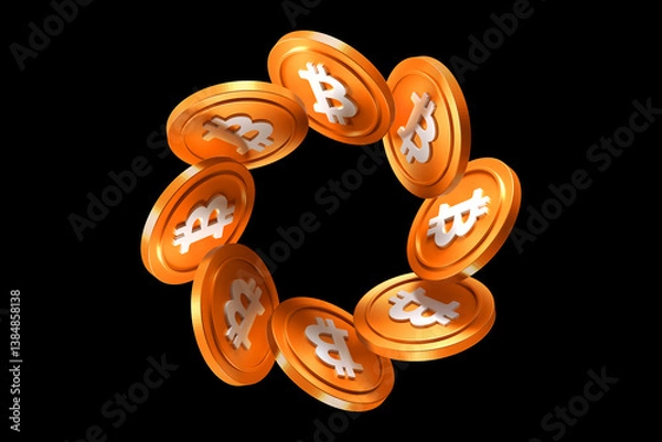 Fototapeta Bitcoin Btc floating 3D coins in a circular orbit. Blockchain cryptocurrency and stock exchange illustrative concepts. High quality 3D rendering.