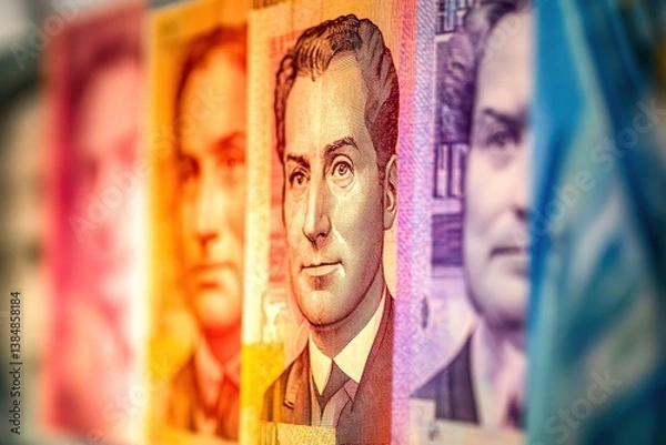 Fototapeta Colorful Swiss franc notes are arranged in a visually striking manner, showcasing their intricate designs while suggesting a theme of energy and structure