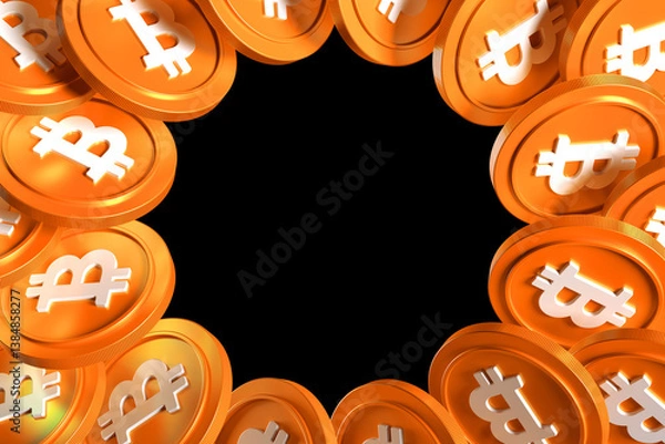 Fototapeta Bitcoin Btc 3D coins in a circular shape forming a frame. Illustration suitable for cryptocurrency trading concepts. High quality 3D rendering.