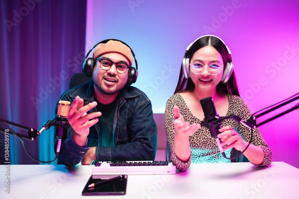 Fototapeta Teenagers, men and women, host podcasts in a room using LED lights, computers, headphones, condenser microphones, and tablets to share their knowledge and experiences through live online broadcasts.