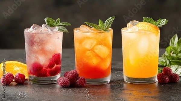 Fototapeta Three refreshing cocktails with ice and colorful fruit garnishes offer a lively and inviting ambiance perfect for summer gatherings, celebrating vibrancy, flavor, and enjoyment.