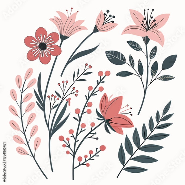 Fototapeta Botanical Floral Vector Illustrations Muted Pink Coral Green Flowers Leaves Berries Flat Style Decorative Spring Summer Nature
