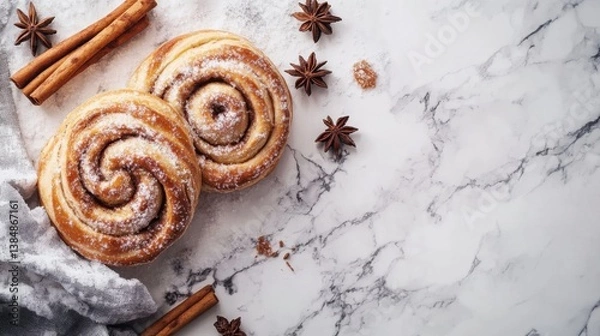 Fototapeta Top view of freshly baked Swedish kanelbullar. Cinnamon buns with sugar crystals, crispy edges, and rich texture.