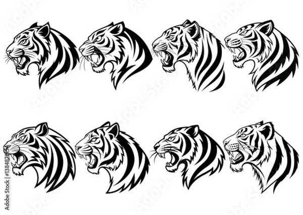 Fototapeta Dynamic Black and White Tiger Silhouettes Vector Set