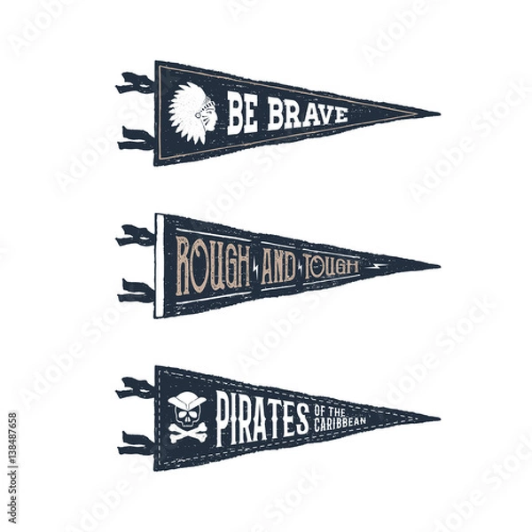 Fototapeta Hand drawn adventure pennant flags set. Vector illustrations and inspirational lettering.