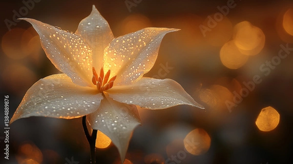 Obraz White lily flower with water droplets glowing against golden bokeh background, showcasing natural beauty and purity for wellness and tranquility concept