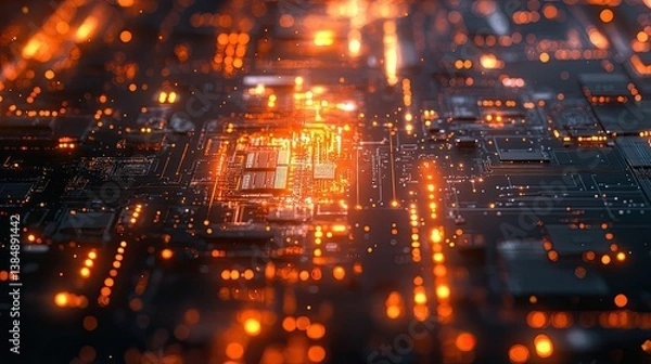 Obraz Close-Up of a Digital Microchip with Circuit Board Details Representing Computing, AI, and Modern Technology 
