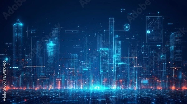 Obraz Futuristic Cityscape with Digital Data Overlay and Neon Glow Effects