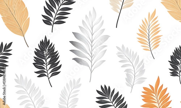 Fototapeta illustrations of various trees, leaves, grasses, and botanical elements on white background.