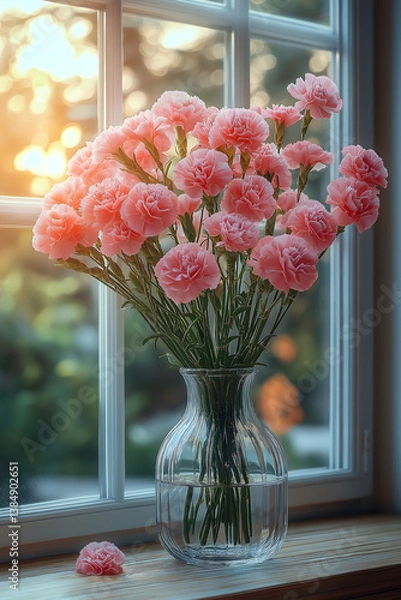 Obraz Petal Perfect: Carnations in a Vase by a Window, softly lit by sunlight, an exquisite composition, evoking tranquility and freshness.