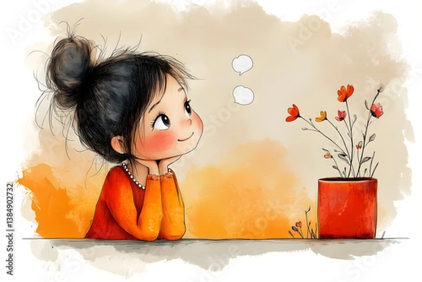Obraz A Child's Floral Musings: A child, rendered in an illustrated style, gazes dreamily at a vibrant floral display, evoking feelings of wonder and imagination.