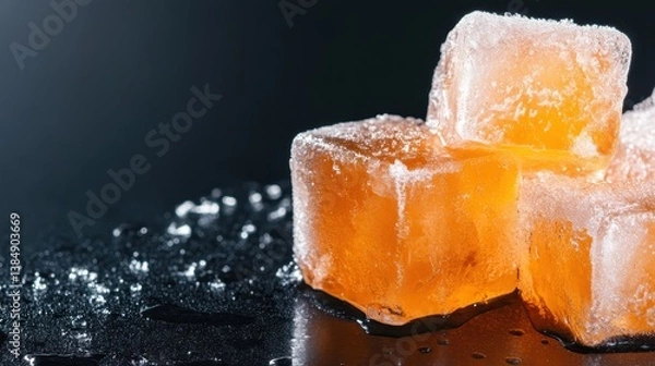 Fototapeta Four orange-hued ice cubes stacked on a dark background, creating a striking visual contrast and evoking a sense of chill and refreshment for creative designs.