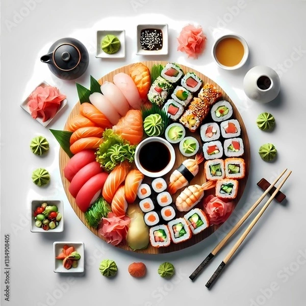 Fototapeta Sushi Platter Flatlay with Assorted Nigiri, Maki Rolls, Wasabi, Ginger, Soy Sauce, and Chopsticks – Traditional Japanese Cuisine with Fresh Fish and Elegant Minimalist Food Styling – Top View