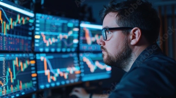 Fototapeta A focused individual analyzes stock market data on multiple screens, highlighting trading trends and financial analytics.